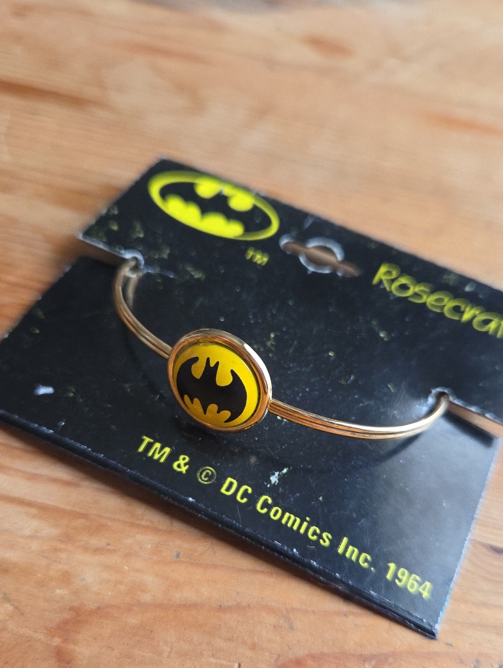 1960s DC Comics Batman Cuff Bracelet Gold Tone Logo Yellow Enamel Vintage 1964